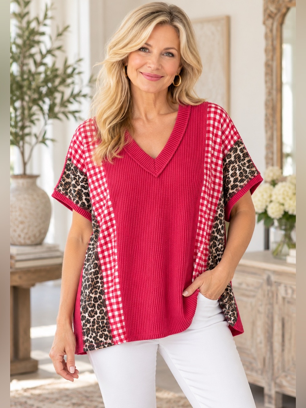 Heimish USA Raspberry Red Gingham Leopard Ribbed V-Neck Top Small NWT